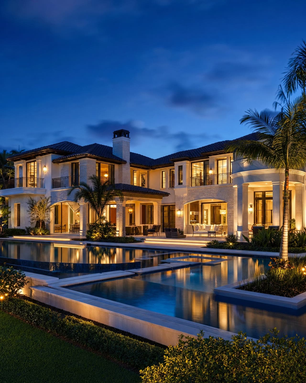 Multi-million dollar luxury estate at twilight with infinity pool